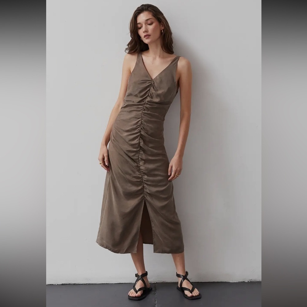 051- Modal Cupro Shirred Midi Dress Brown